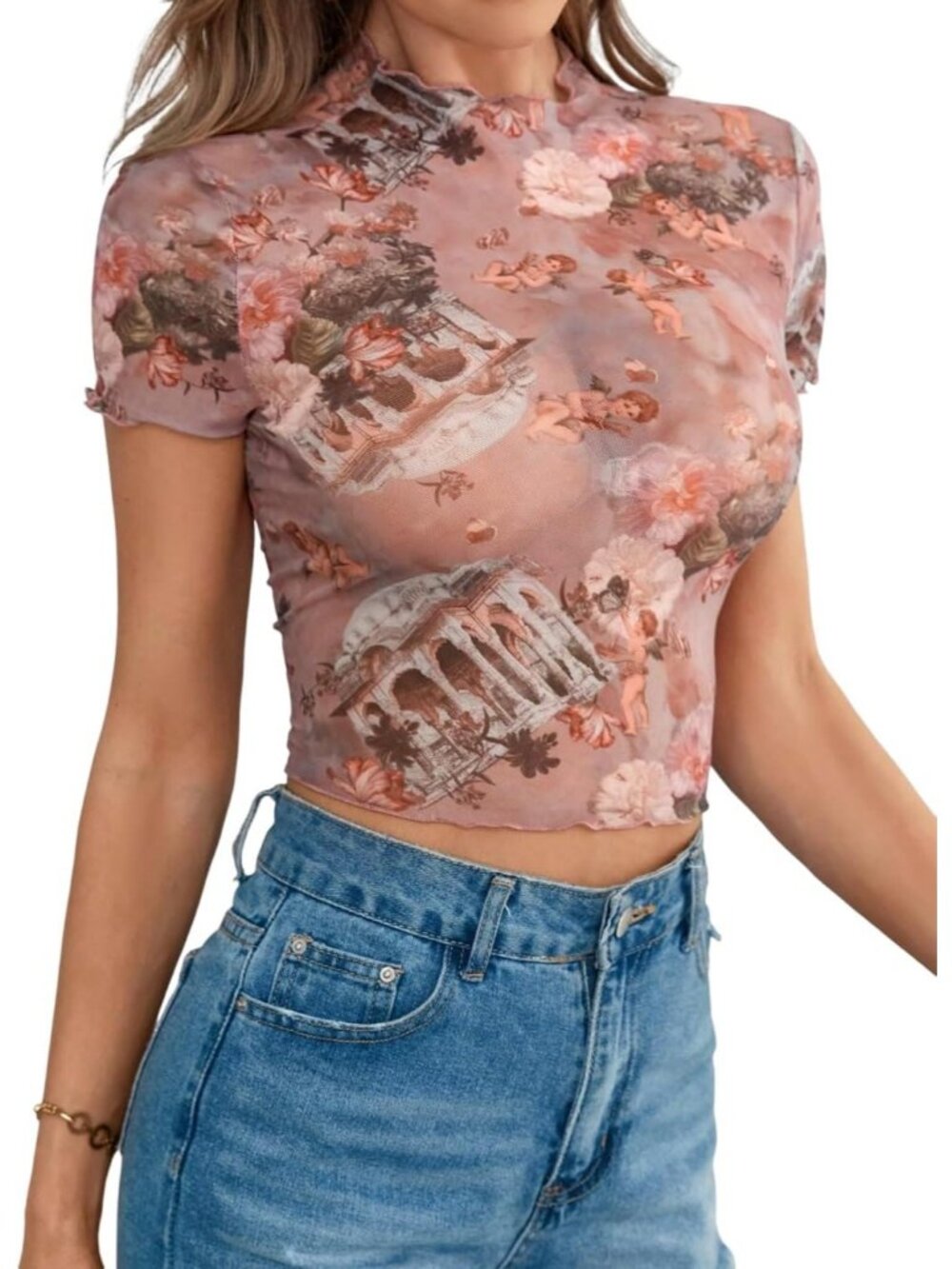 Women's Floral Pink Round Neck Short Sleeve Y2k Butterfly Top Outfits Tee Shirts